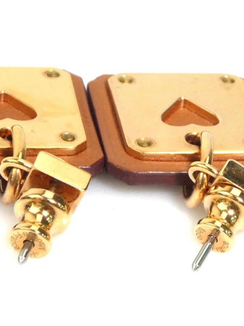 Auth HERMES As de Coeur Pierce Earrings Pink Gold/Brown Metal/Leather - e60607g - Picture 6 of 10